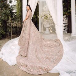 CLASSY WEDDDING LONG TRAIL BRIDAL GOWN WITH GOLDEN EMBROIDERY - DN-1948