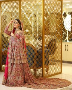 Pakistani Red Bridal Embroidered  Peplum with Long Trail Lehenga - DN-1590