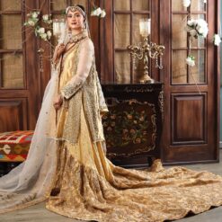 Pakistani Golden Designer Walima Long Trail Lehenga with Embroidered kurti - DN-1589
