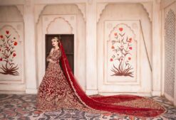 Red Designer Pakistani Bridal Gown With Embroidered Long Trail Designs - DN-1574