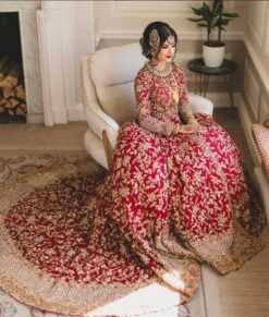 Royal Pakistani Bridal Trail Dress Hand Embroidered Long Trail - DN-1029