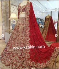 KSHKIN Inspired Traditional Red Indian Bridal long Trail lehenga with crop top and Embroidery Bespoke - DN-1245