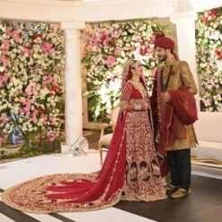 TRADITIONAL RED WEDDING LONG TRAIL GOWN WITH GOLDEN EMBROIDERY - DN-1945