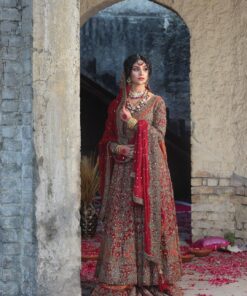 Designer Red and Orange Pakistani Bridal Long Anarkali with Long Trail Lehenga - DN-1508