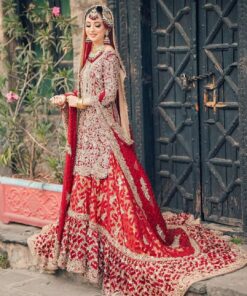 Red Designer Pakistani Bridal Long Trail Lehenga with Embroidered Kameez - DN-1510