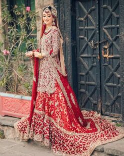 Red Designer Pakistani Bridal Long Trail Lehenga with Embroidered Kameez - DN-1510