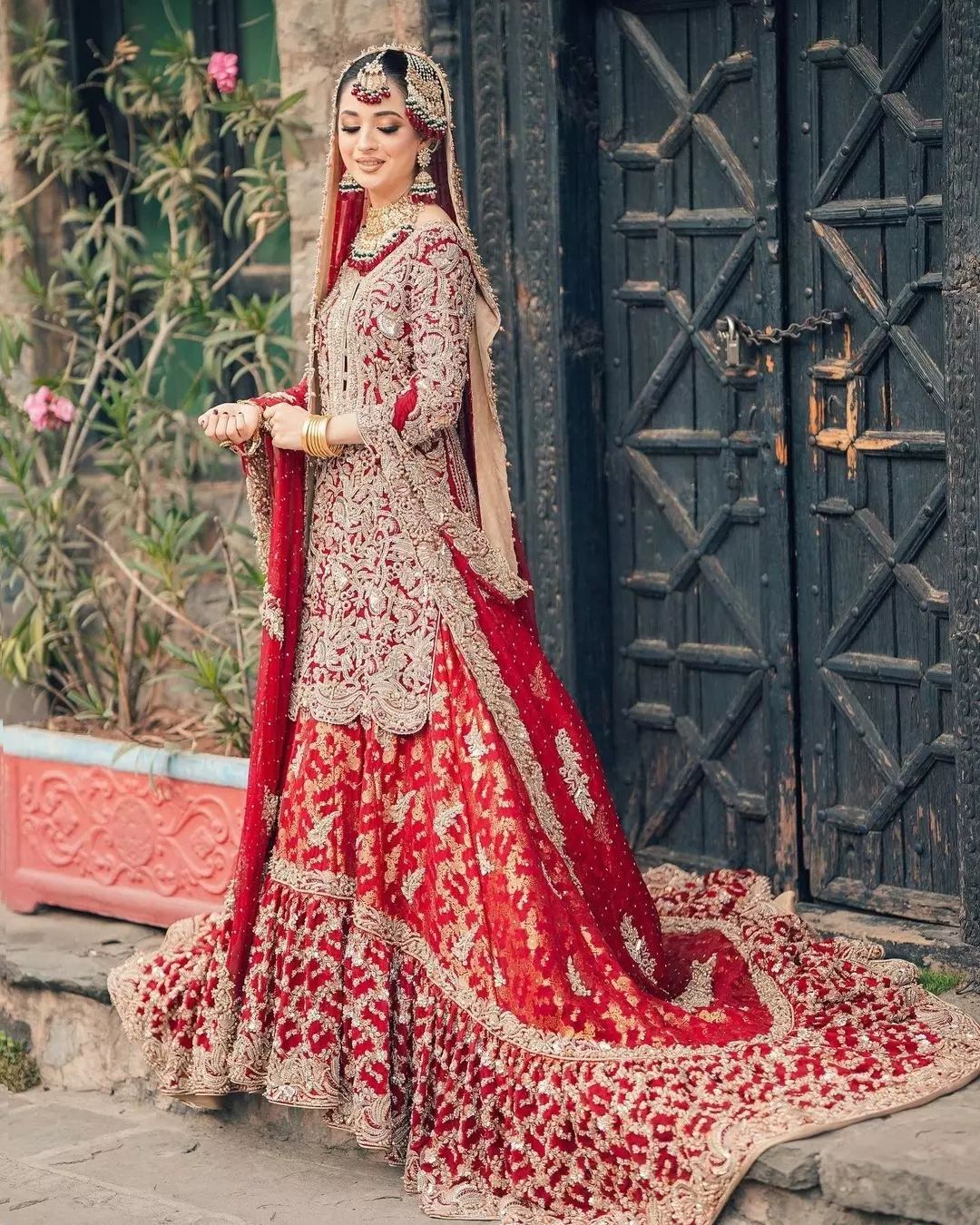 Red Designer Pakistani Bridal Long Trail Lehenga with Embroidered Kameez - DN-1510