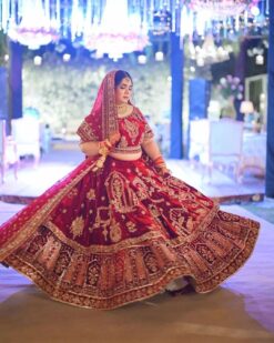 RED EMBROIDERED WEDDING DOUBLE LAYER LEHENGA WITH GOLDEN EMRBOIDERY - DN-1941
