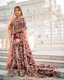 Designer Indian and Pakistani Bridal Maroon Long Trail Gown with Golden Embroidery - DN-1507
