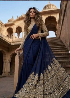 Indo-Western Navy Blue Saree with Heavy Handwork Pallu DN- 3009