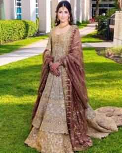 Golden Pakistani Waleema Long Trail Anarkali with Embroidered Lehenga - DN-1563