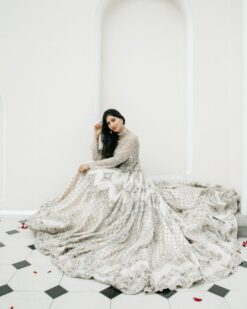 WHITE WEDDING GOWN WITH SILVER AND GOLDEN EMBROIDERY - DN-1937