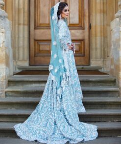 WEDDING BLUE LONG TRAIL LEHENGA WITH SILVER EMBROIDERY - DN-1936
