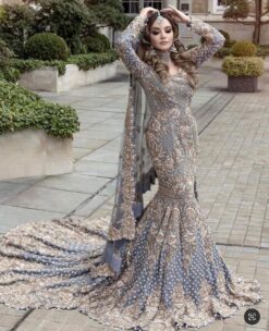 Blue Classy Pakistani Wedding long Trail Gown with Embroidery Bespoke - DN-1182