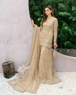 Golden Designer Wedding and Partywear Short kameez with Sharara and Embroidery Bespoke - DN-1176