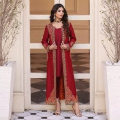 Red Designer Partywear kameez with Pant and long jacket and Embroidery Bespoke - DN-1178