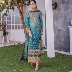 Blue Designer Partywear long kameez with Palazzo and Embroidery Bespoke - DN-1185