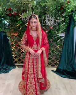 Classy Red Designer wedding Long Trail Gown with Golden Embroidery - DN-1414