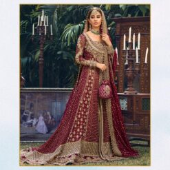 TRADITIONAL MAROON LONG KAMEEZ WITH LONG TRAIL LEHENGA AND EMBELLISHMENT - DN-1926