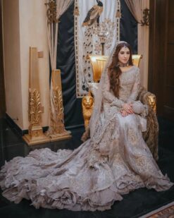 Designer Ivory Wedding Waleema Long Trail Gown with Silver Embroidery - DN-1502