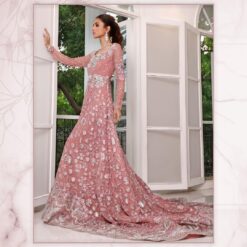 ROSE PINK LONG TRAIL WEDDING GOWN WITH GOLDEN EMBROIDERY - DN-1928