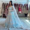 ICE BLUE WEDDING LONG TRAIL BRIDAL GOWN WITH SILVER EMBROIDERY - DN-1925