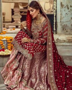 MAROON TRADITIONAL WEDDING LONG KAMEEZ WITH LEHENGA WITH HAND WORK - DN-1922