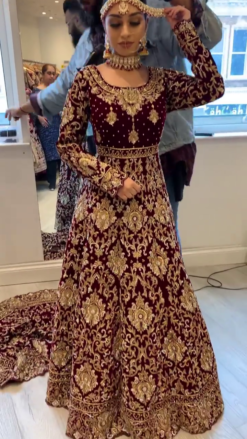 Designer Maroon Traditional Wedding Long Trail Gown with Golden Embroidery - DN-1417
