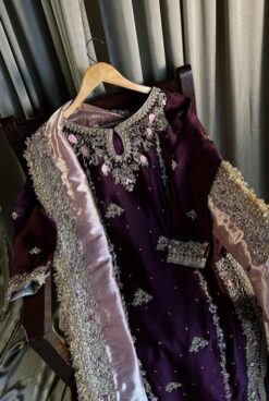 Purple Velvet party Dress Hand Embroidered Pakistani Wedding Outfit - DN-1019