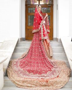 TRADITIONAL RED LONG TRAIL WEDDING LEHENGA WITH GOLDEN EMBROIDERY - DN-1914