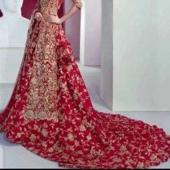 TRADITIONAL RED LONG SPLIT JACKET WITH LONG TRAIL LEHENGA - DN-1890