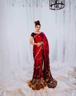 Maroon Designer Partywear and Reception Saree with Golden Embroidery Bespoke - DN-1174