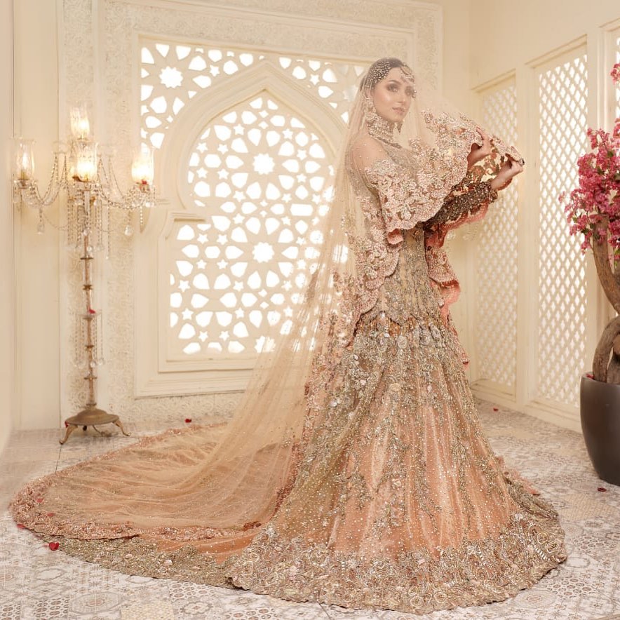 Classy Designer Pakistani Wedding and Reception long Trail Gown with Embroidery Bespoke - DN-1175