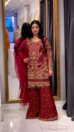 Designer Red Pakistani Sharara with Golden Embroidery - DN-1413