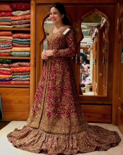RANI PINK WEDDING LONG ANARKALI  EMBROIDERY KAMEEZ WITH GOLDEN LEHENGA - DN-1912
