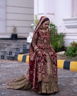 MAROON WEDDING LONG SPLIT KAMEEZ WITH LONG TRAIL LEHENGA AND EMBELLISHMENT - DN-1911