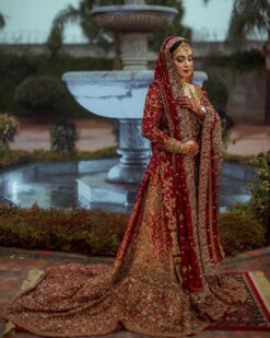 RED EMBROIDERED LONG KAMEEZ WITH LEHENGA WITH EMBELLISHMENT - DN-1913