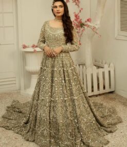 GOLDEN LONG TRAIL EMBROIDERED WEDDING GOWN AND EMBELLISHMENT - DN-1908