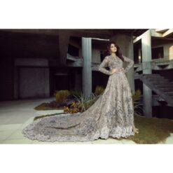 IVORY WEDDING LONG TRAIL GOWN WITH SILVER EMBROIDERY - DN-1906