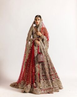 Red Designer Pakistani Bridal Split Jacket with Lehenga  and Embellishment - DN-1486