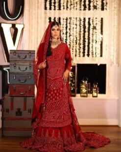 Red Designer Pakistani Wedding Long Trail lehenga with kurti and Embellishment - DN-1482