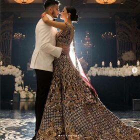 Kshkin Designer Long Trail Bridal Lehenga Maroon Darker Golden emblishment New Dress - DN-2069