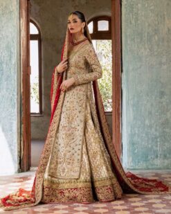 Golden Designer Pakistani Wedding Long Split Jacket with lehenga and Embroidered Red Dupatta - DN-1481