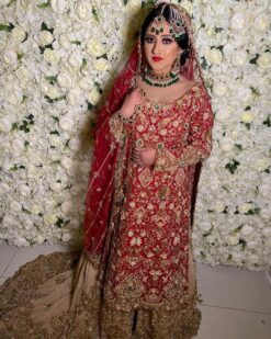 Designer Golden Pakistani Nikaah Long Trail Lehenga with Red kurti and Embellishment - DN-1453