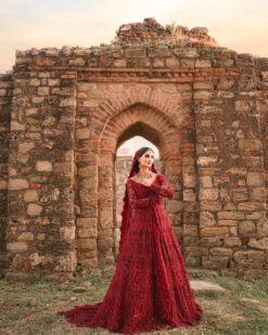 Red Classy Pakistani Bridal Split Jacket with Lehenga and Embellishment - DN-1463