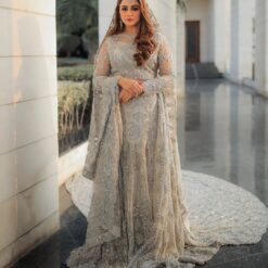 Ivory Classy Designer Pakistani Walima long Trail Gown with Embroidery Bespoke - DN-1150