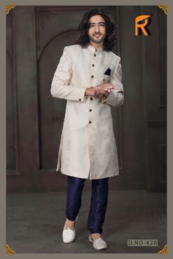 Off white and golden color groom sherwani with flower embroidery - DN-2050