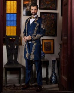 Navy Blue Designer tailcoat jacket,waistcoat with trouser with hand embroidery at the front of the jacket - DN-1321