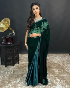 Green Designer Partywear and Wedding Velvet Saree with embroidery Bespoke - DN-1300