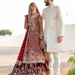 Pakistani Red and Maroon Bridal Lehenga with Embroidered Kurti Designs - DN-1560